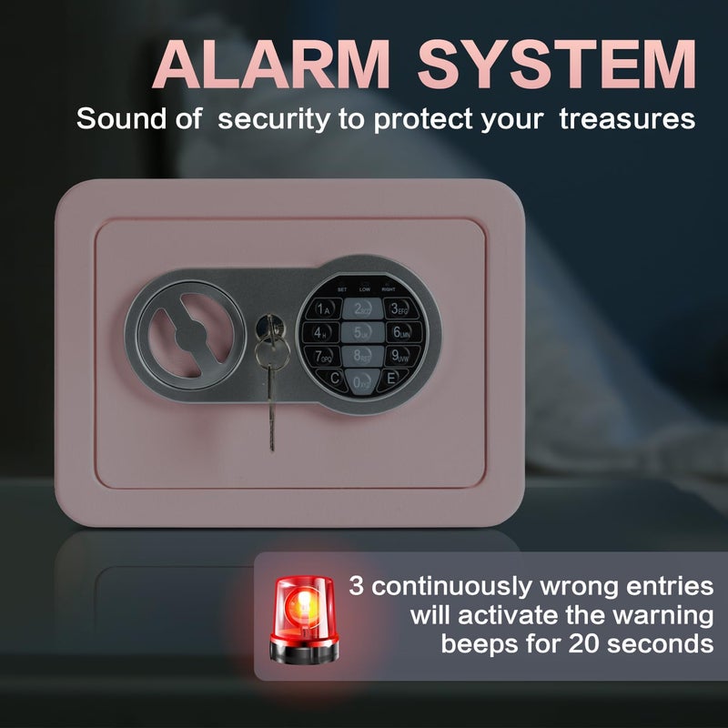 Locksworth 0.23 Cubic Feet Safe Box, Small Safe W/Fireproof Bag, Keys & Pass Code, Digital Electronic Security Money Box for Cash, Document, Home, Office, Hotel Use, Pink, 6.69"D x 9.06"W x 6.69"H - Image 3
